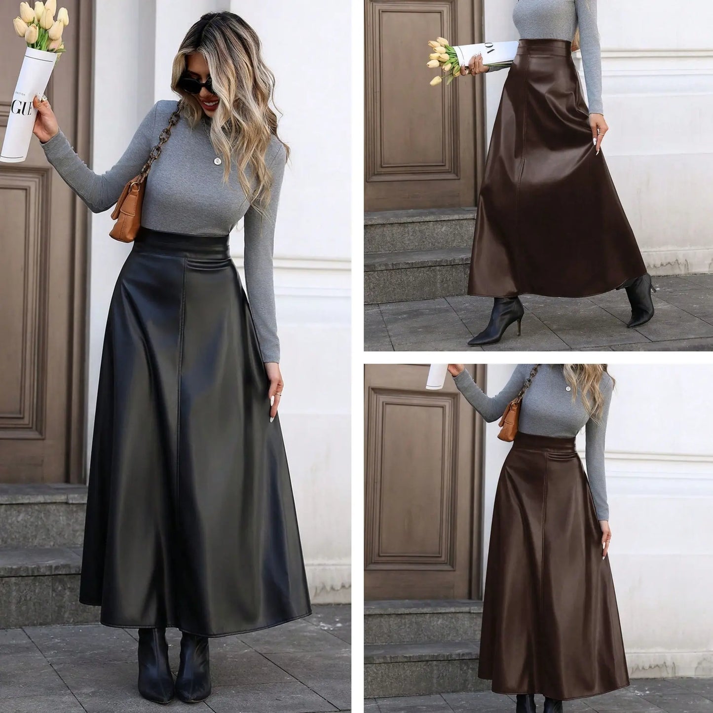 Jupe midi évasée en cuir végan noir élégante femme – SecretBombe