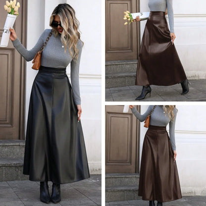 Jupe midi évasée en cuir végan noir élégante femme – SecretBombe