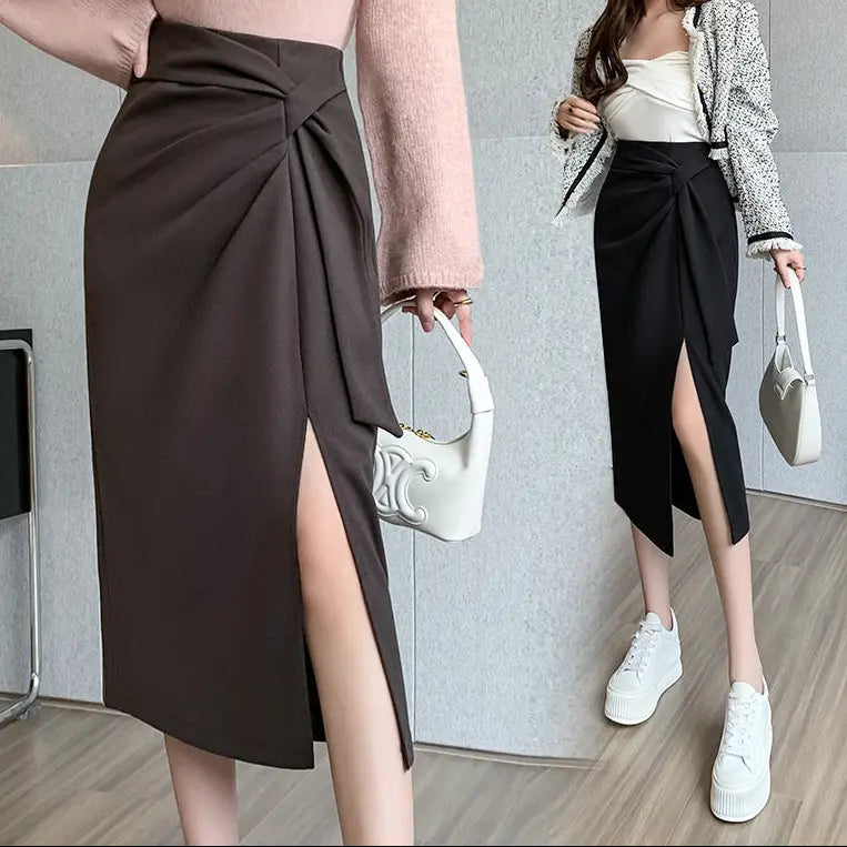 Jupe midi drapée noire fendue coupe ajustée femme – SecretBombe