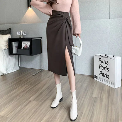 Jupe midi drapée marron fendue style sexy chic – SecretBombe