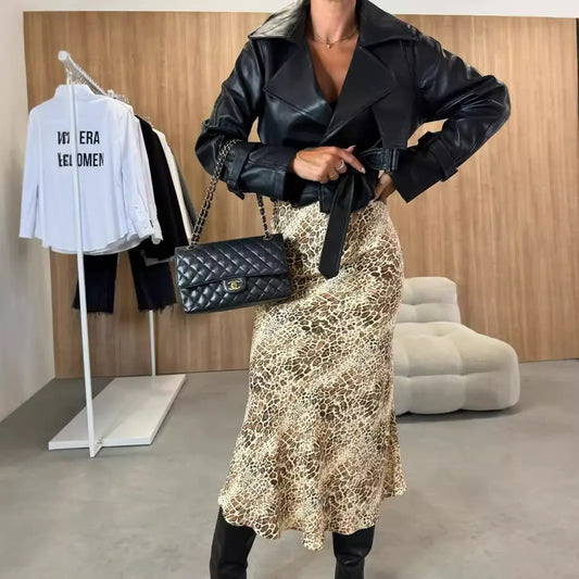Jupe midi imprimée léopard abricot élégante femme – SecretBombe