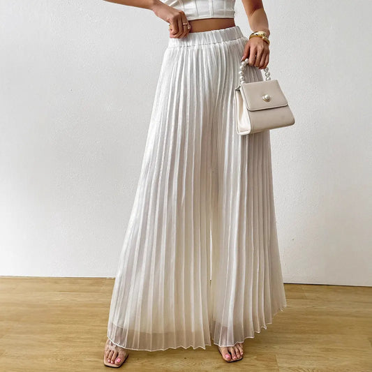 Pantalon large plissé blanc élégant pour femme, style chic et fluide – SecretBombe.