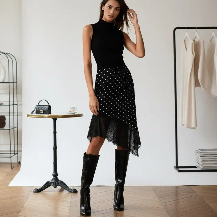 Jupe satinée noire avec dentelle élégante femme SecretBombe