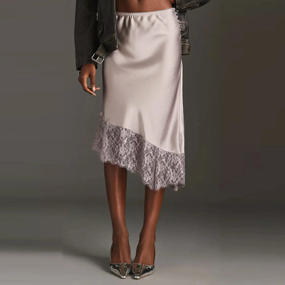 Jupe satinée beige avec finition dentelle femme SecretBombe