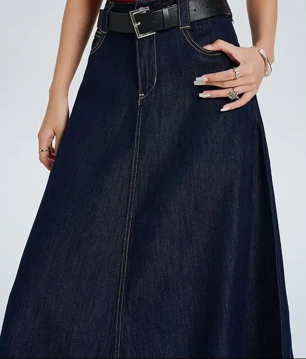 SecretBombe jupe longue taille haute en jean bleu foncé