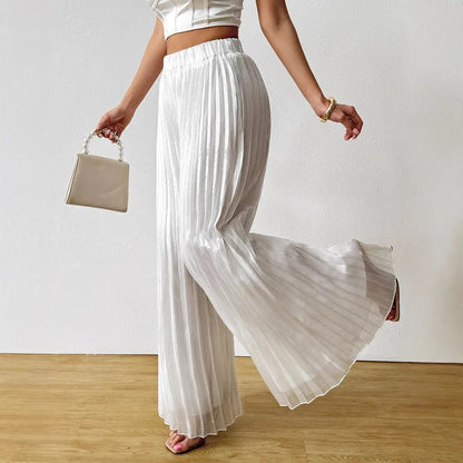 Pantalon palazzo plissé blanc avec taille élastique, idéal pour un look raffiné – SecretBombe.