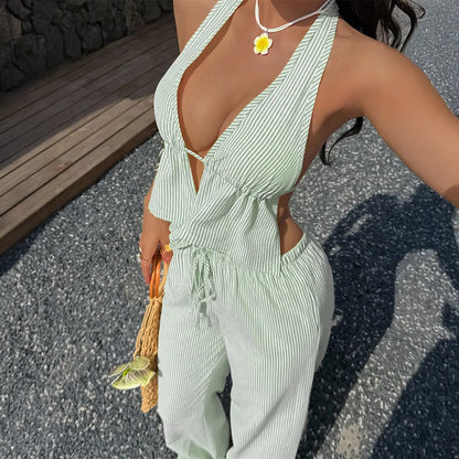 Ensemble d'été femme avec top échancré et pantalon ample à rayures – SecretBombe.
