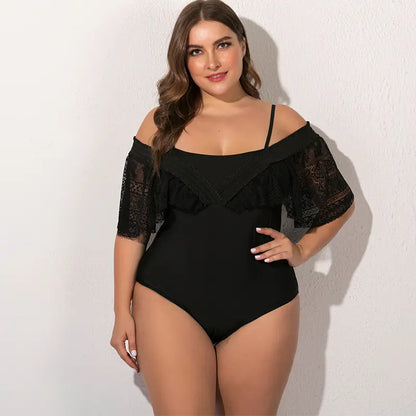 Maillot de bain 1 pièce noir SecretBombe grande taille avec volants en dentelle.