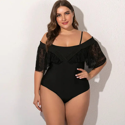 Maillot de bain 1 pièce noir SecretBombe grande taille avec volants en dentelle.