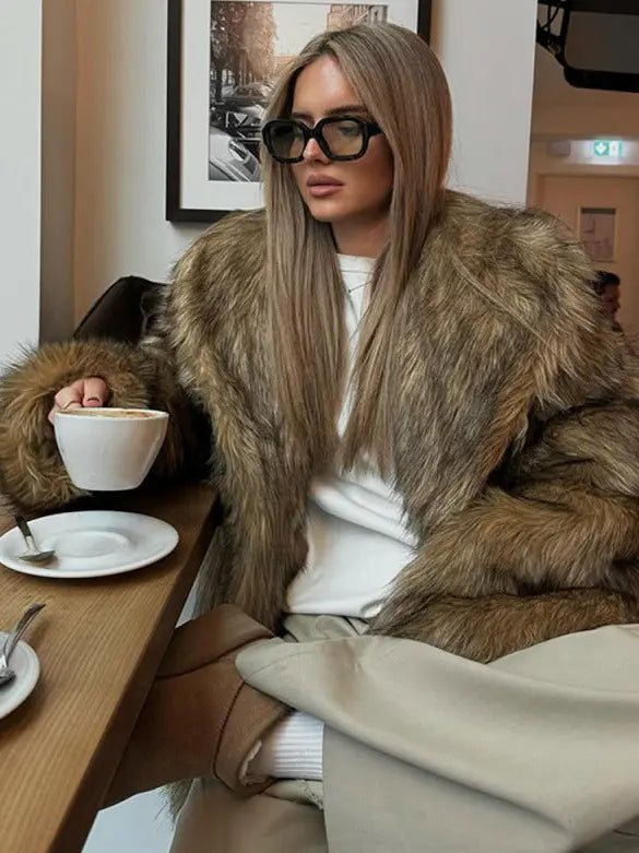 SecretBombe manteau femme marron effet fourrure chic et élégant