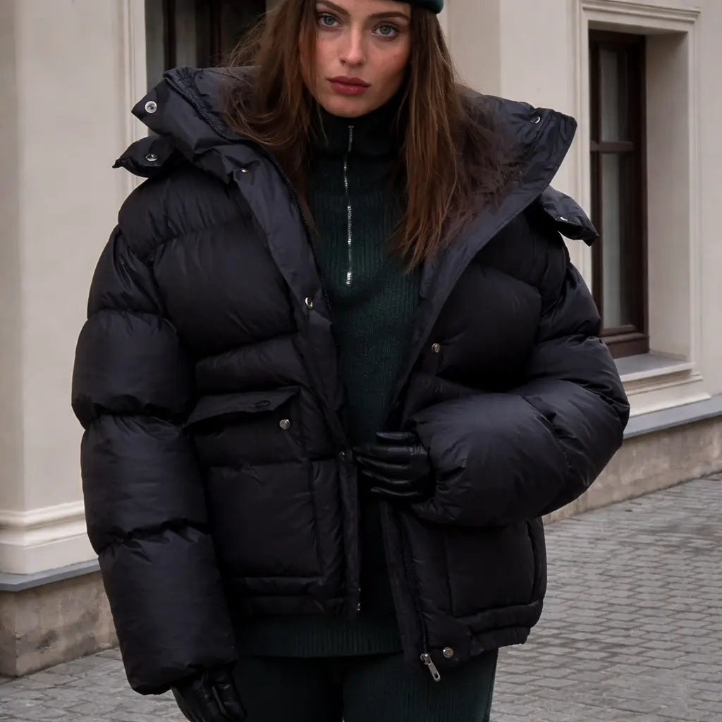 Manteau noir oversize élégant femme