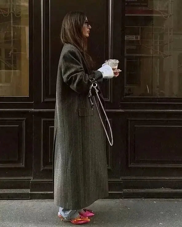 Manteau long noir femme SecretBombe look urbain à rayures