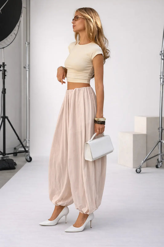 Pantalon bouffant fluide rose femme SecretBombe à coupe ample élégante