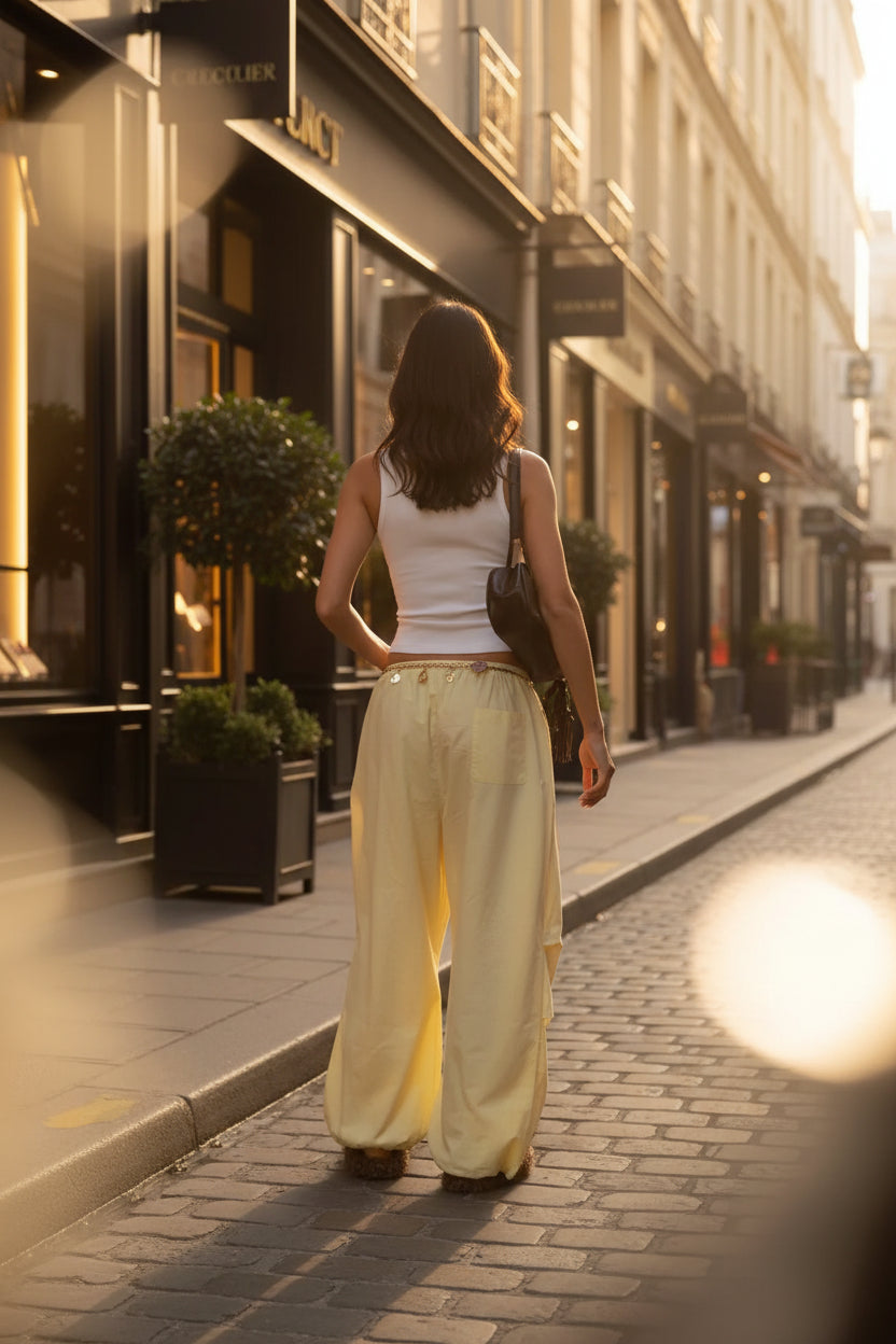 Pantalon casual jaune clair SecretBombe pour femme, coupe ample et élégante.