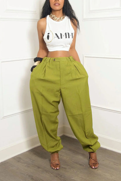 SecretBombe – Pantalon femme vert taille haute, coupe fluide et confortable.