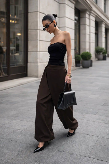 pantalon fluide asymétrique chocolat femme SecretBombe