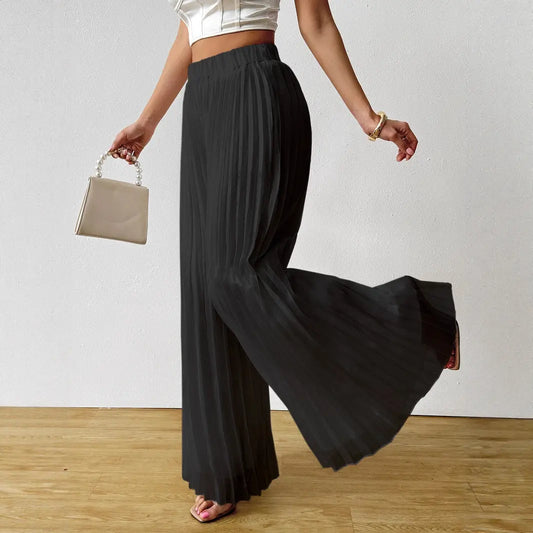 Pantalon palazzo plissé noir  avec taille élastique, idéal pour un look raffiné – SecretBombe.