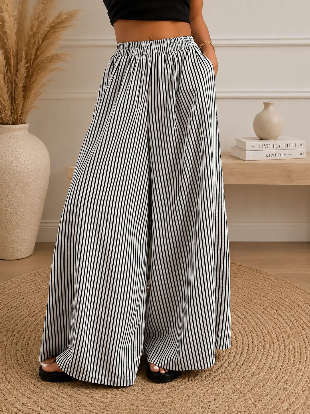 Pantalon palazzo  à rayures fines avec taille élastique – SecretBombe.