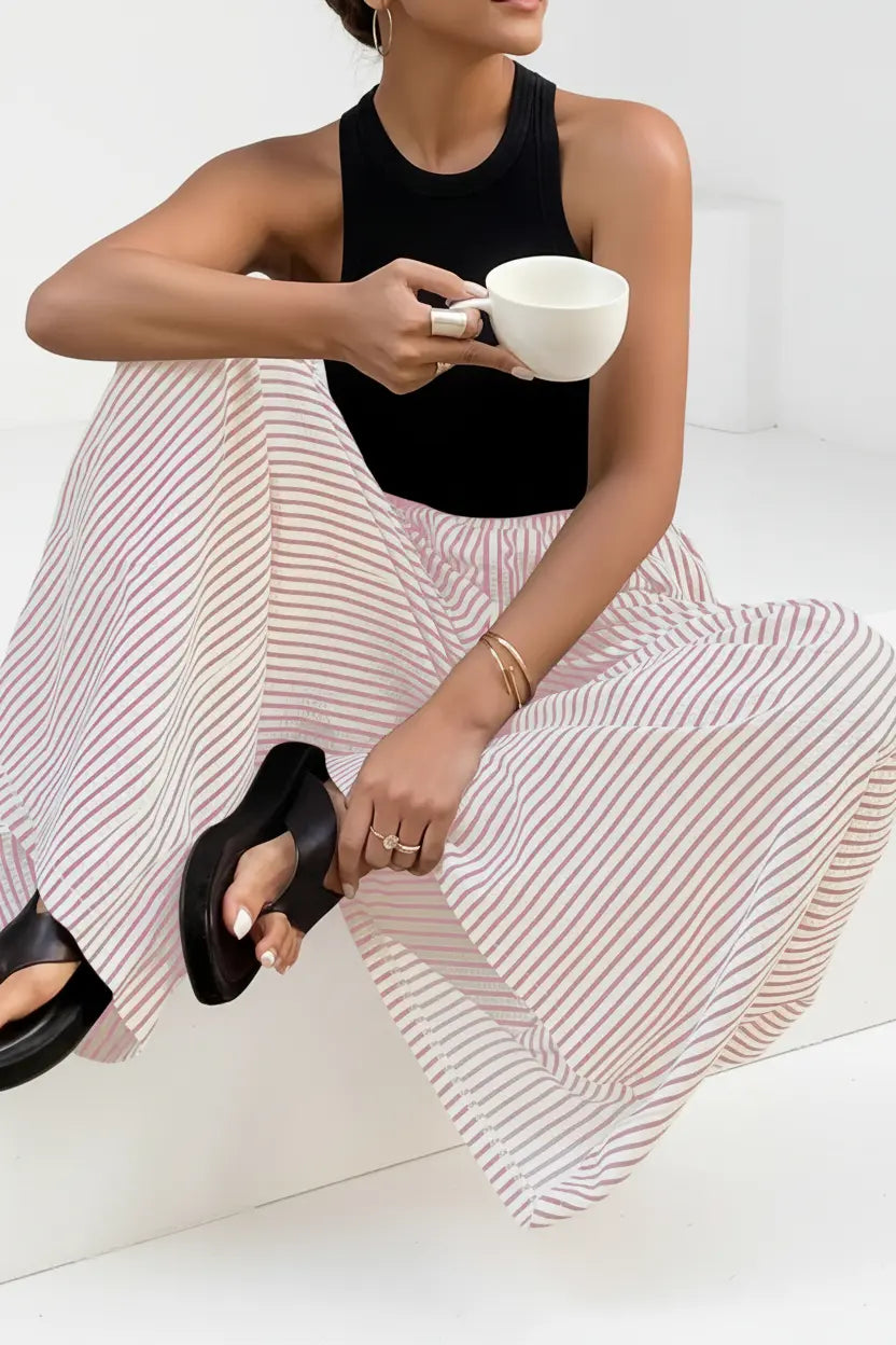 Pantalon large à rayures rose et blanches, coupe confortable – SecretBombe.
