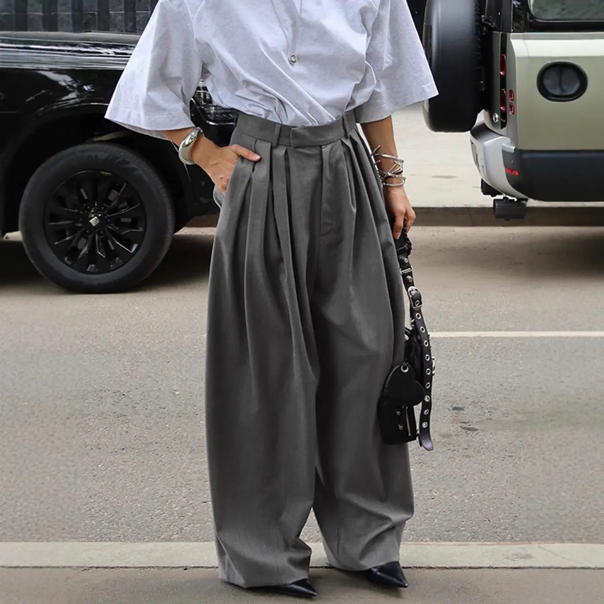 pantalon fluide gris femme style commute élégant taille haute SecretBombe