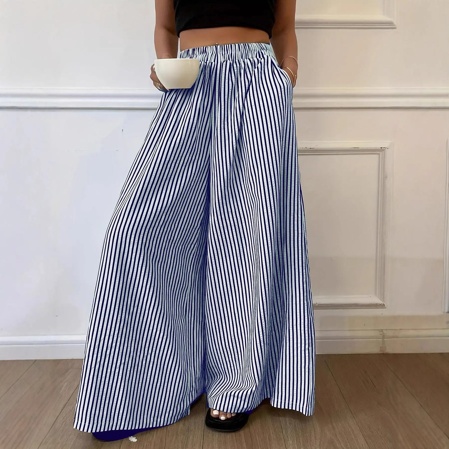 Pantalon palazzo bleu rayé pour femme, élégant et tendance – SecretBombe