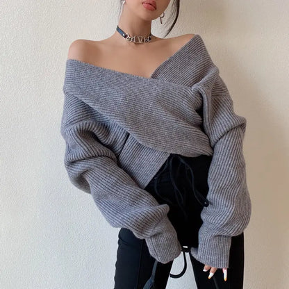 Pull cache-cœur épaules dénudées gris femme style européen street chic SecretBombe