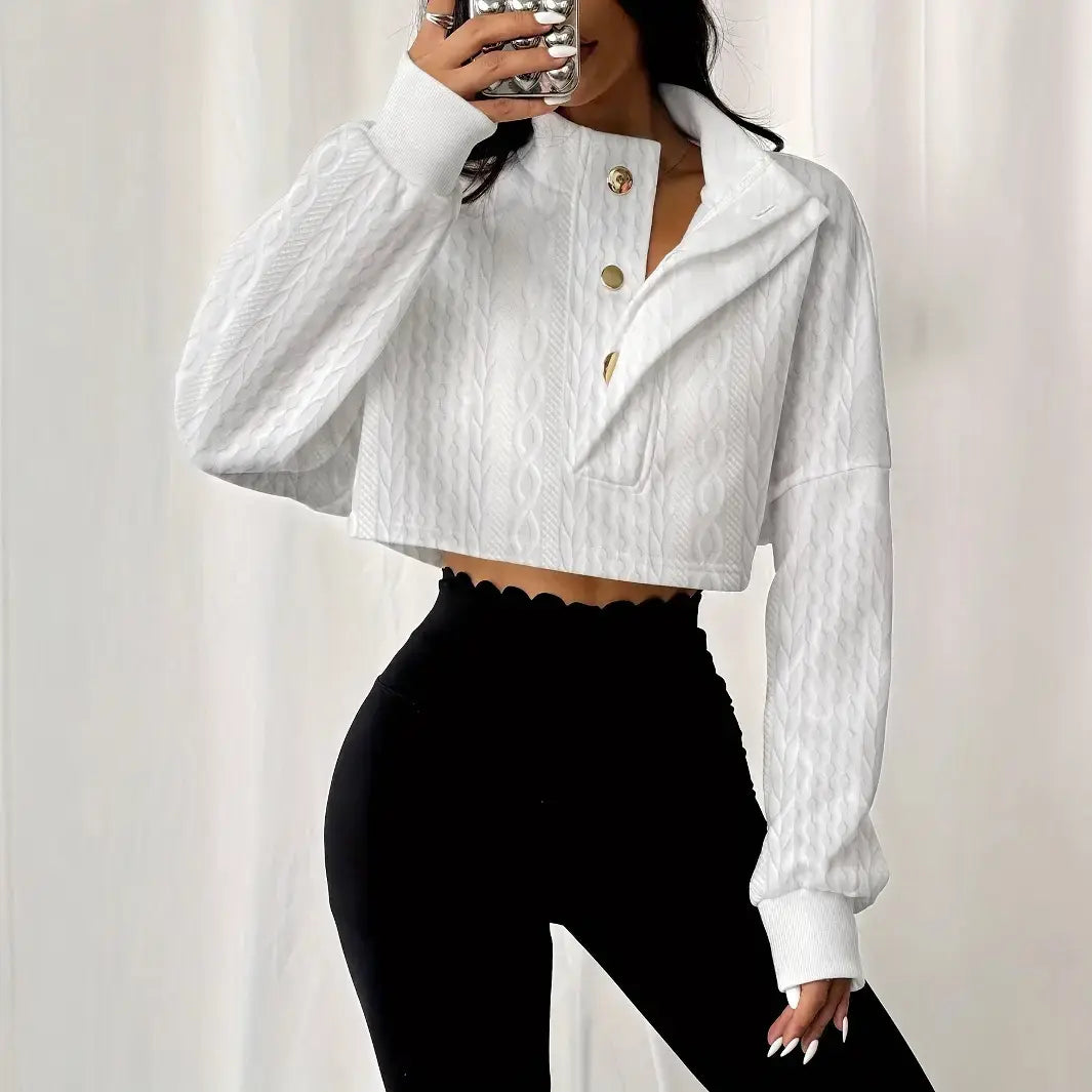 Pull Femme Crop Col Boutonné Maille Torsadée Blanc | SecretBombe
