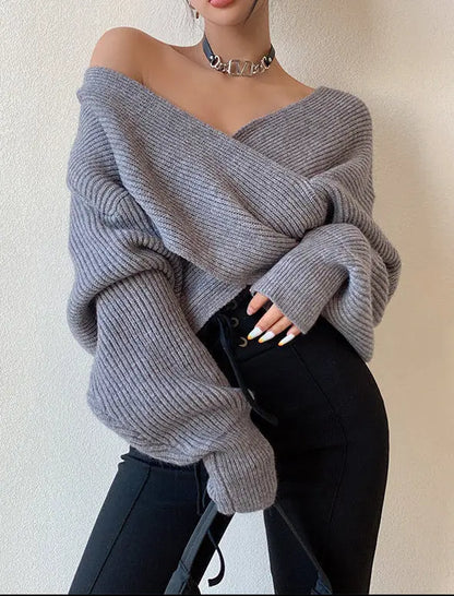 Pull femme col croisé élégant épaules dénudées style tendance SecretBombe