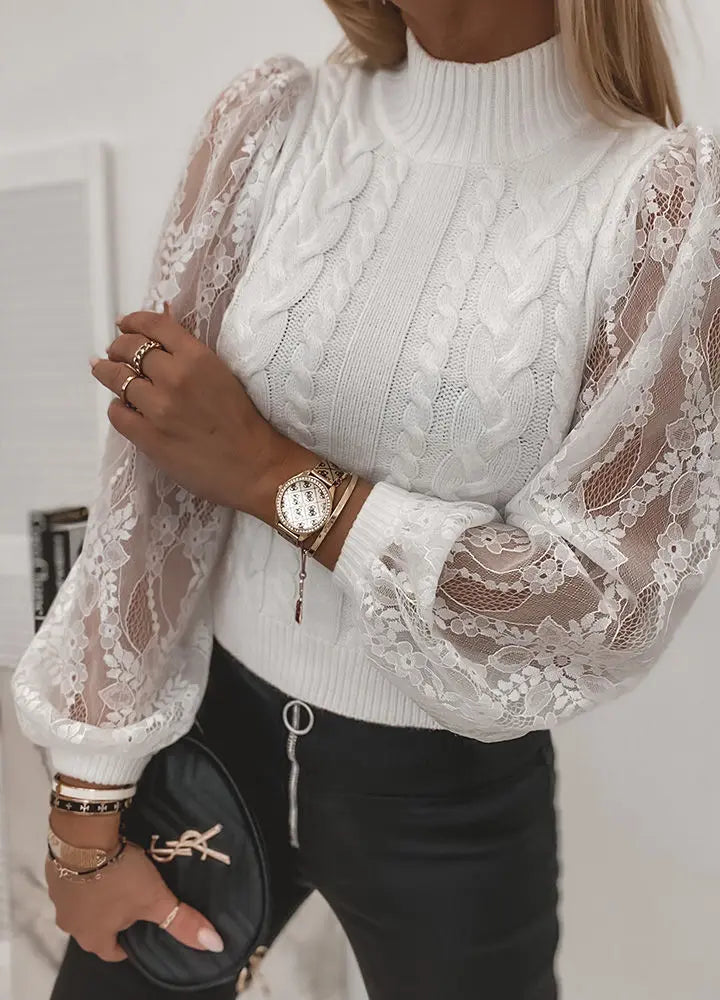 Pull femme blanc élégant en maille et dentelle SecretBombe