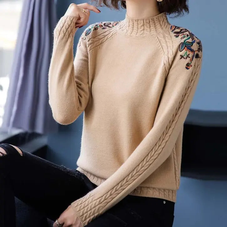 Pull brodé beige clair slim fit femme SecretBombe