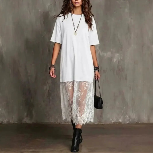 Robe blanche femme SecretBombe avec bas en dentelle et coupe ample