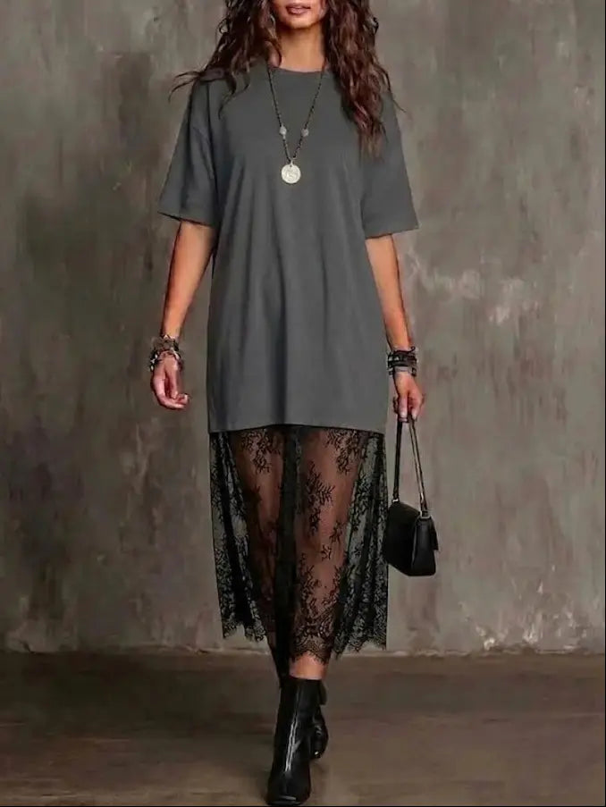 Robe grise bohème femme SecretBombe avec dentelle ajourée et manches trois-quarts