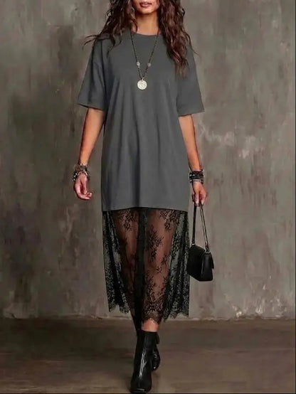 Robe grise bohème femme SecretBombe avec dentelle ajourée et manches trois-quarts