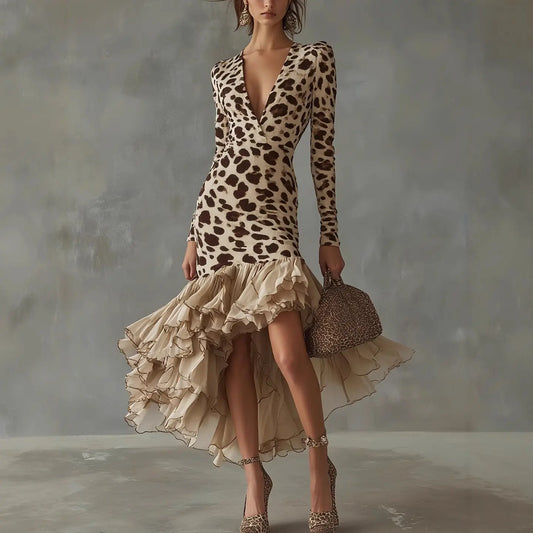 Robe fashion asymétrique SecretBombe beige léopard, silhouette flatteuse