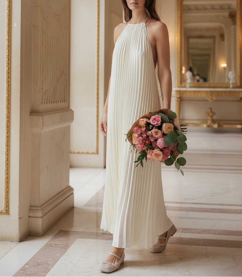 Robe longue blanche plissée chic femme SecretBombe