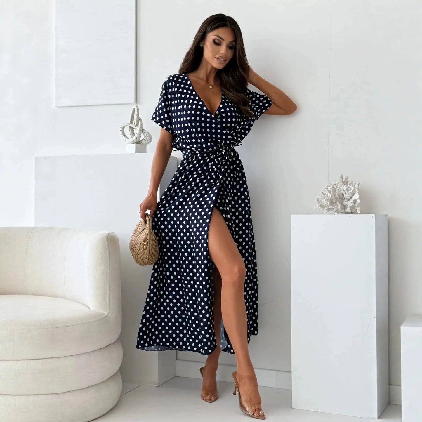 Robe longue marine à pois avec fente pour femme SecretBombe