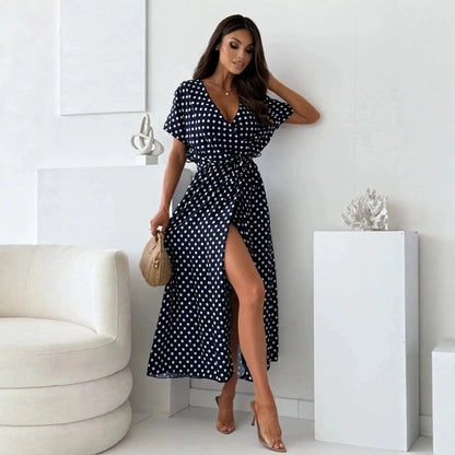 Robe longue marine à pois avec fente pour femme SecretBombe