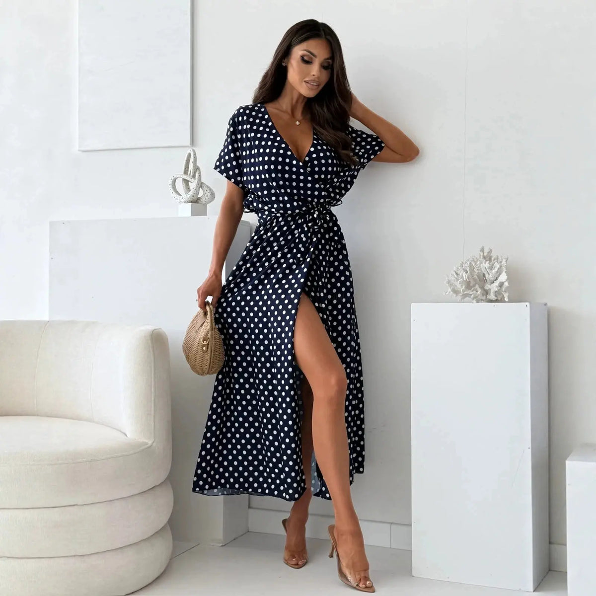 Robe longue marine à pois avec fente pour femme SecretBombe