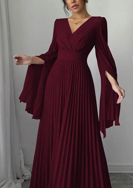 Robe longue plissée élégante bordeaux femme – secretbombe