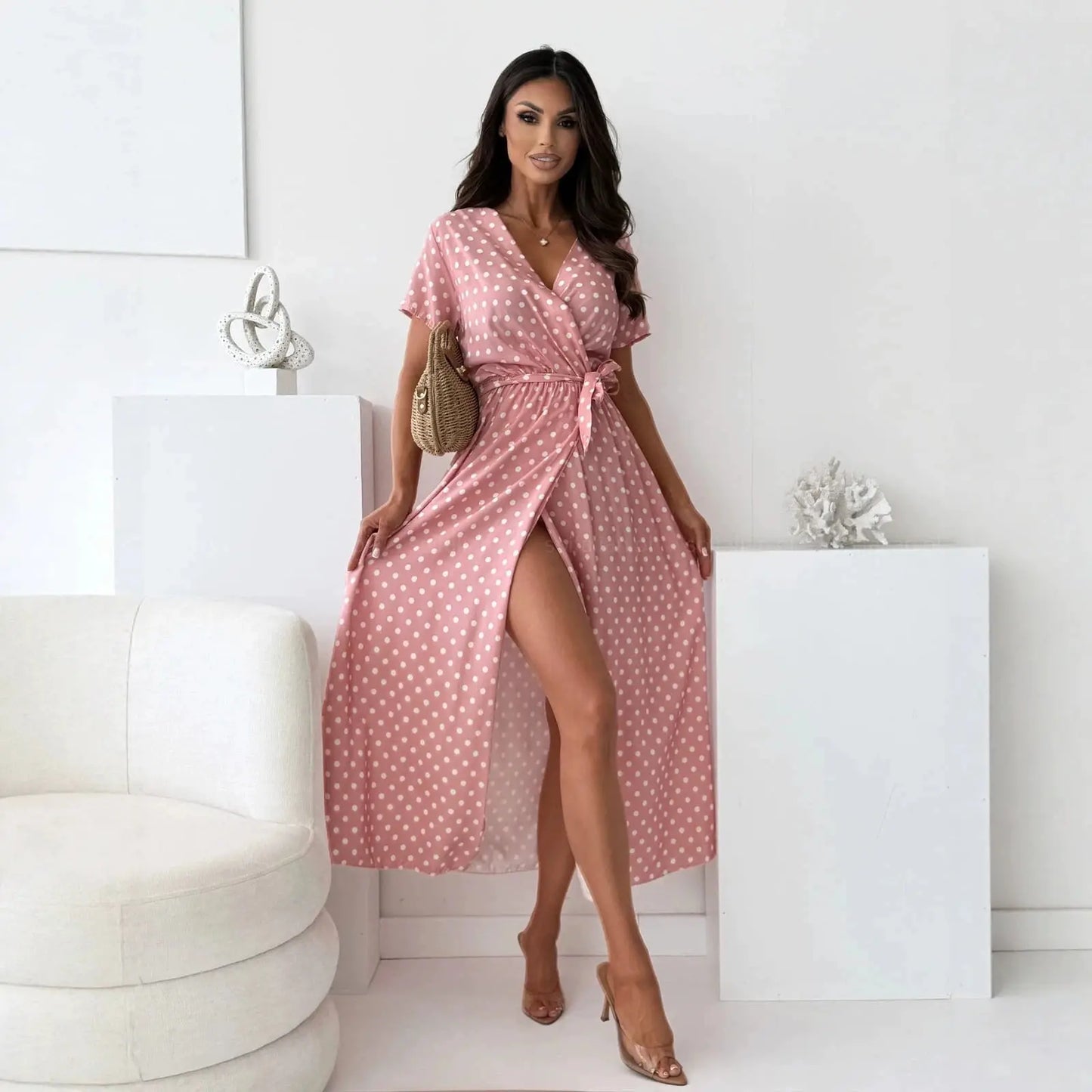 Robe longue rose à pois avec fente latérale SecretBombe
