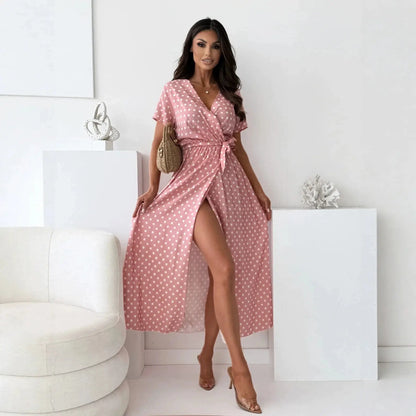 Robe longue rose à pois avec fente latérale SecretBombe