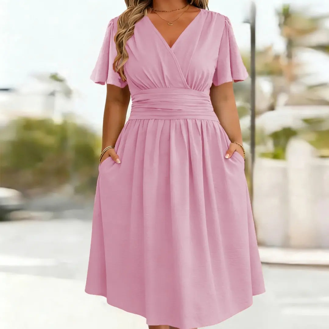 Robe midi rose SecretBombe à col V, manches courtes et taille marquée pour femme