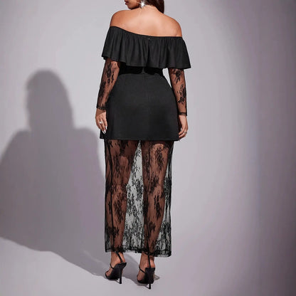Robe noire à volant femme SecretBombe avec épaules dénudées et dentelle