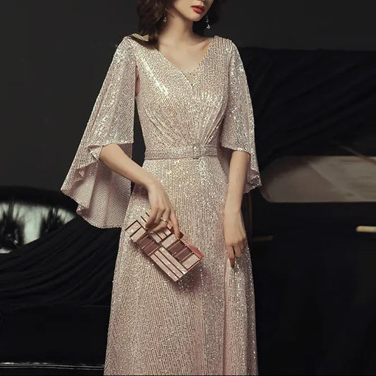 Robe de soirée SecretBombe couleur champagne, longue et pailletée, idéale pour mariages et galas