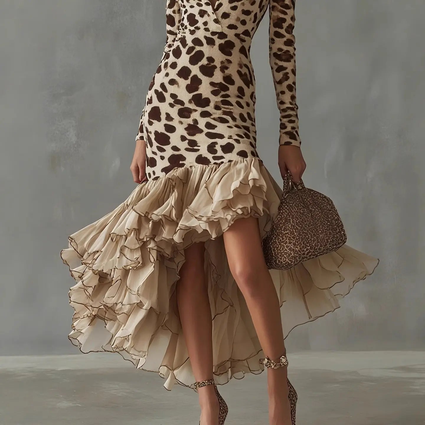 Robe imprimée léopard beige SecretBombe, taille haute et décolleté plongean