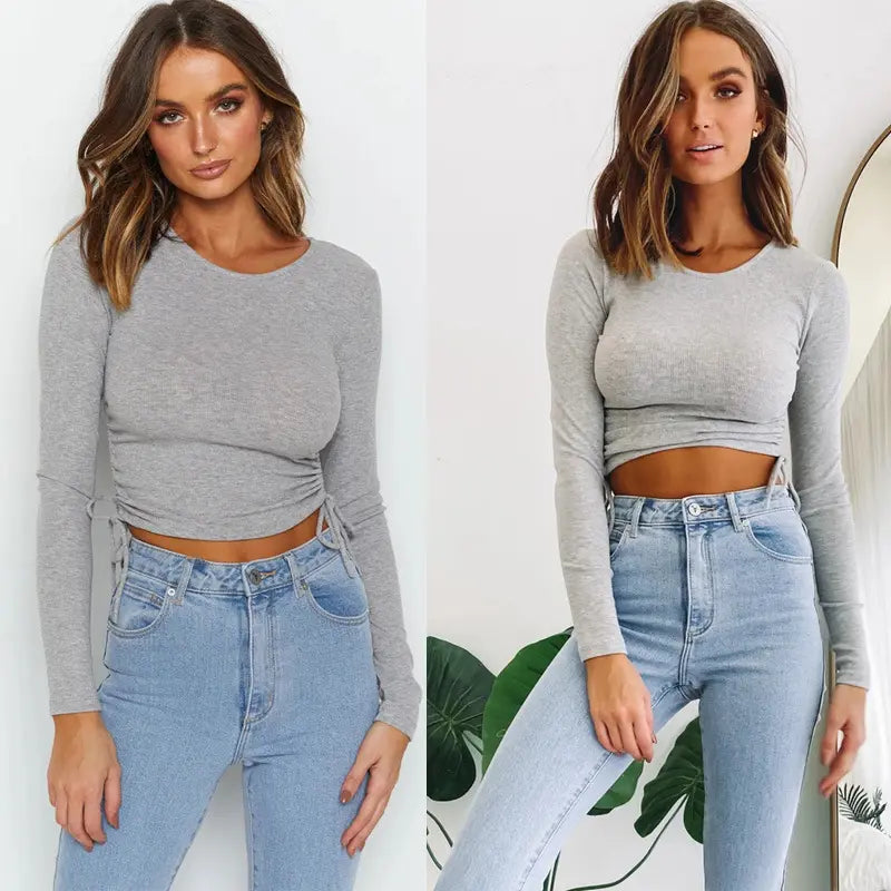 Top court femme manches longues gris clair coton ajusté SecretBombe