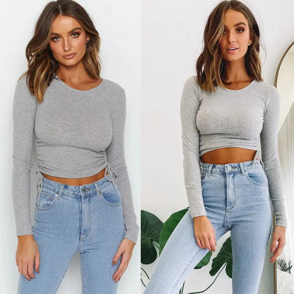 Top court femme manches longues gris clair coton ajusté SecretBombe