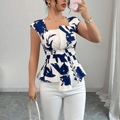 Top femme élégant léger imprimé feuilles bleu marine look quotidien raffiné SecretBombe