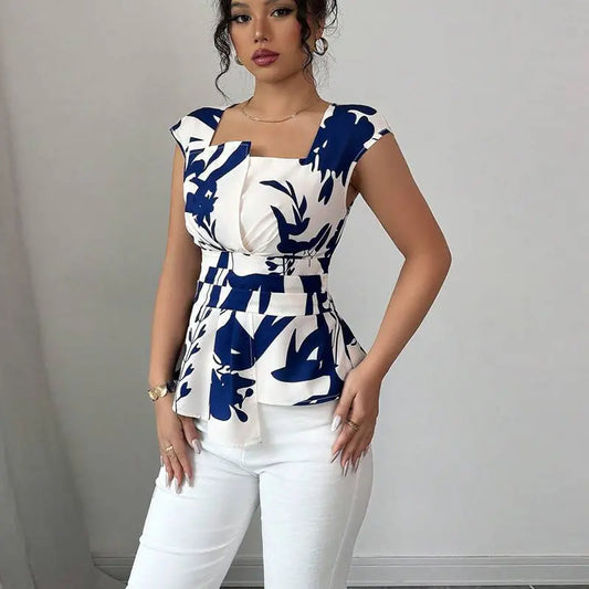 Haut femme encolure carrée imprimé feuilles bleu marine silhouette flatteuse SecretBombe