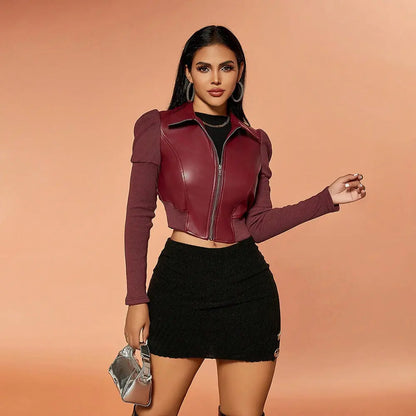 SecretBombe veste cuir végan rouge vin coupe ajustée manches longues